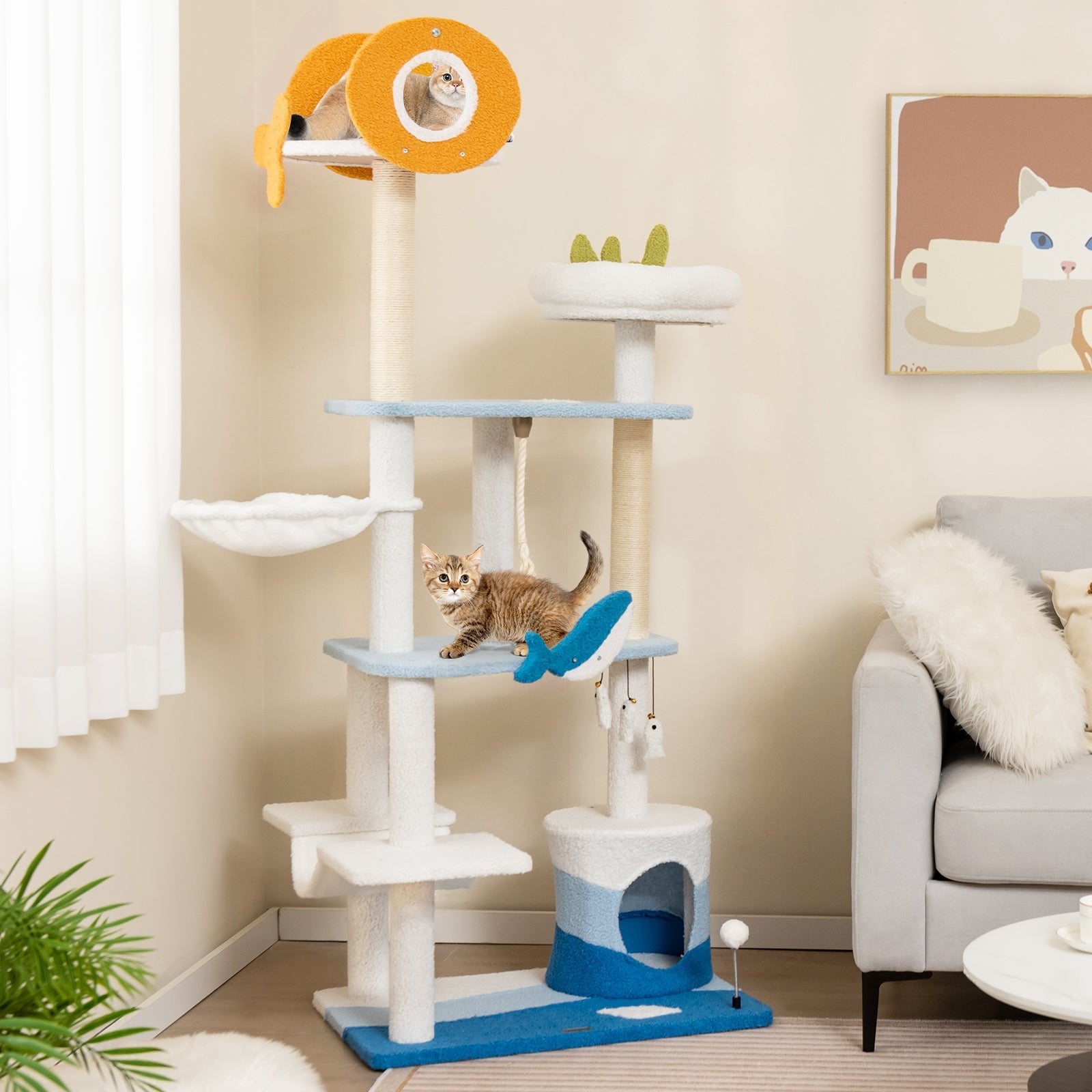 Multi-level Ocean-themed Cat Tree Tower with Sisal Covered Scratching Posts, Blue Cat Trees Condos & Scratchers at Gallery Canada