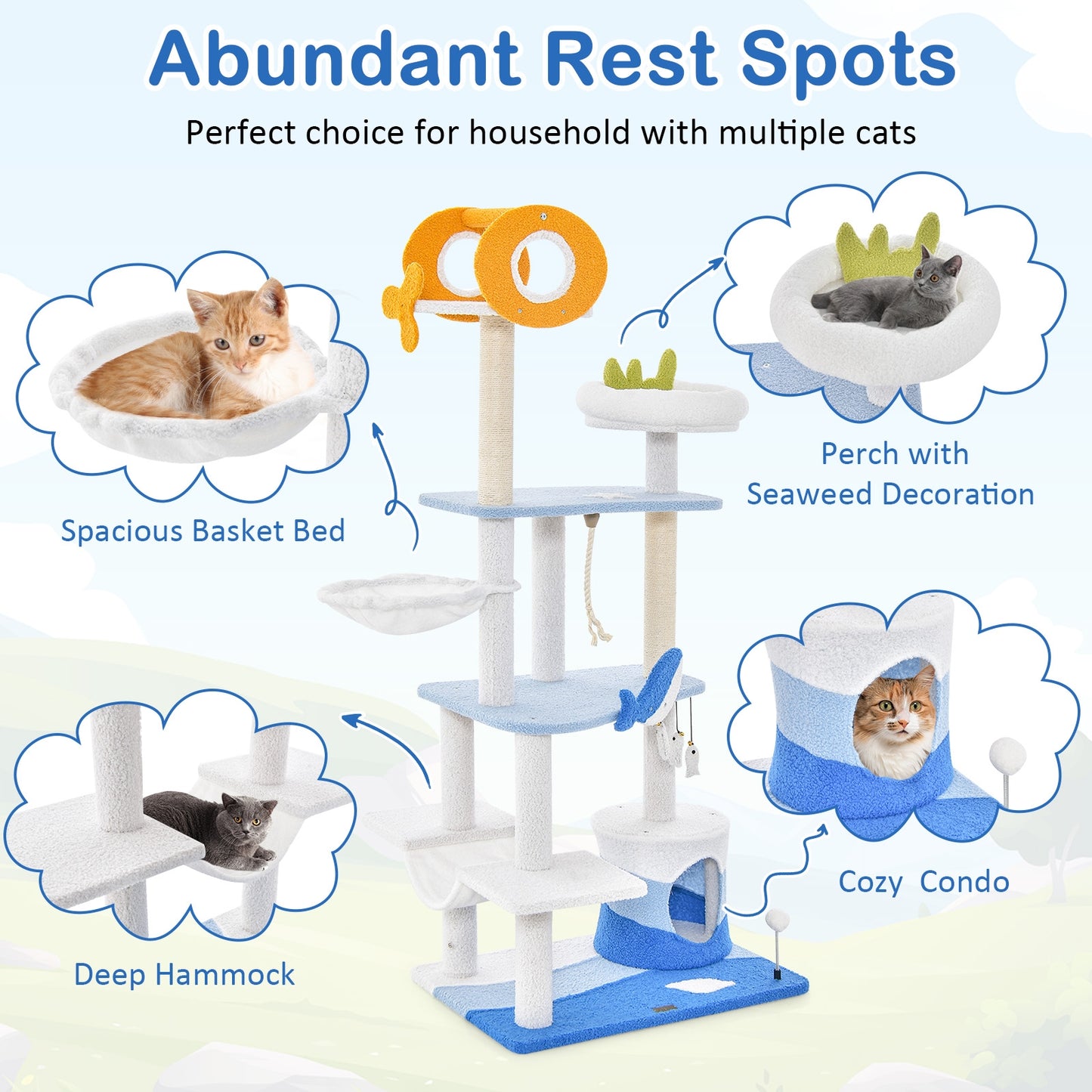 Multi-level Ocean-themed Cat Tree Tower with Sisal Covered Scratching Posts, Blue Cat Trees Condos & Scratchers at Gallery Canada