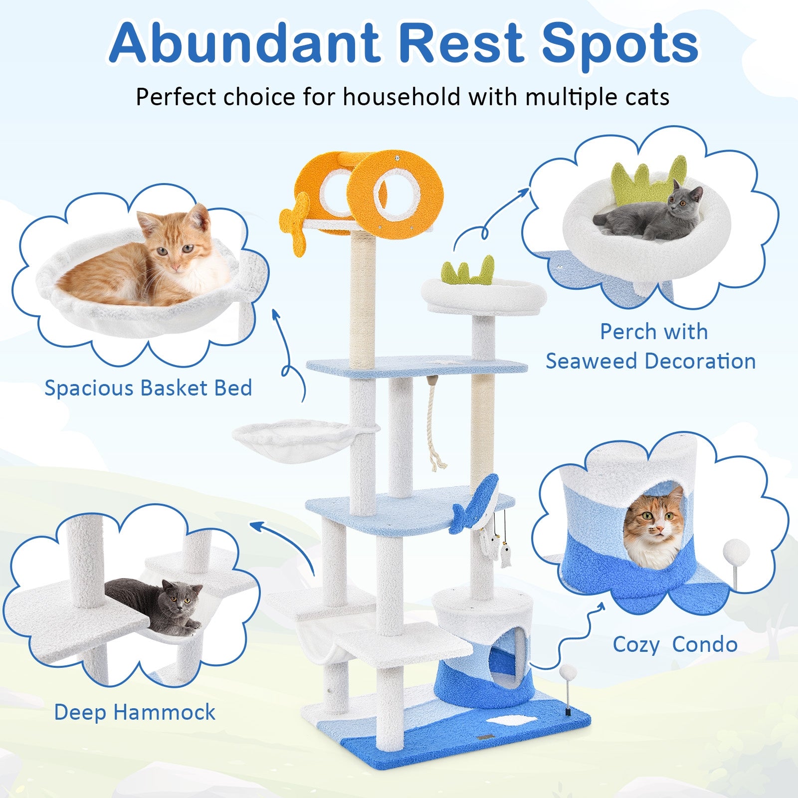 Multi-level Ocean-themed Cat Tree Tower with Sisal Covered Scratching Posts, Blue Cat Trees Condos & Scratchers at Gallery Canada