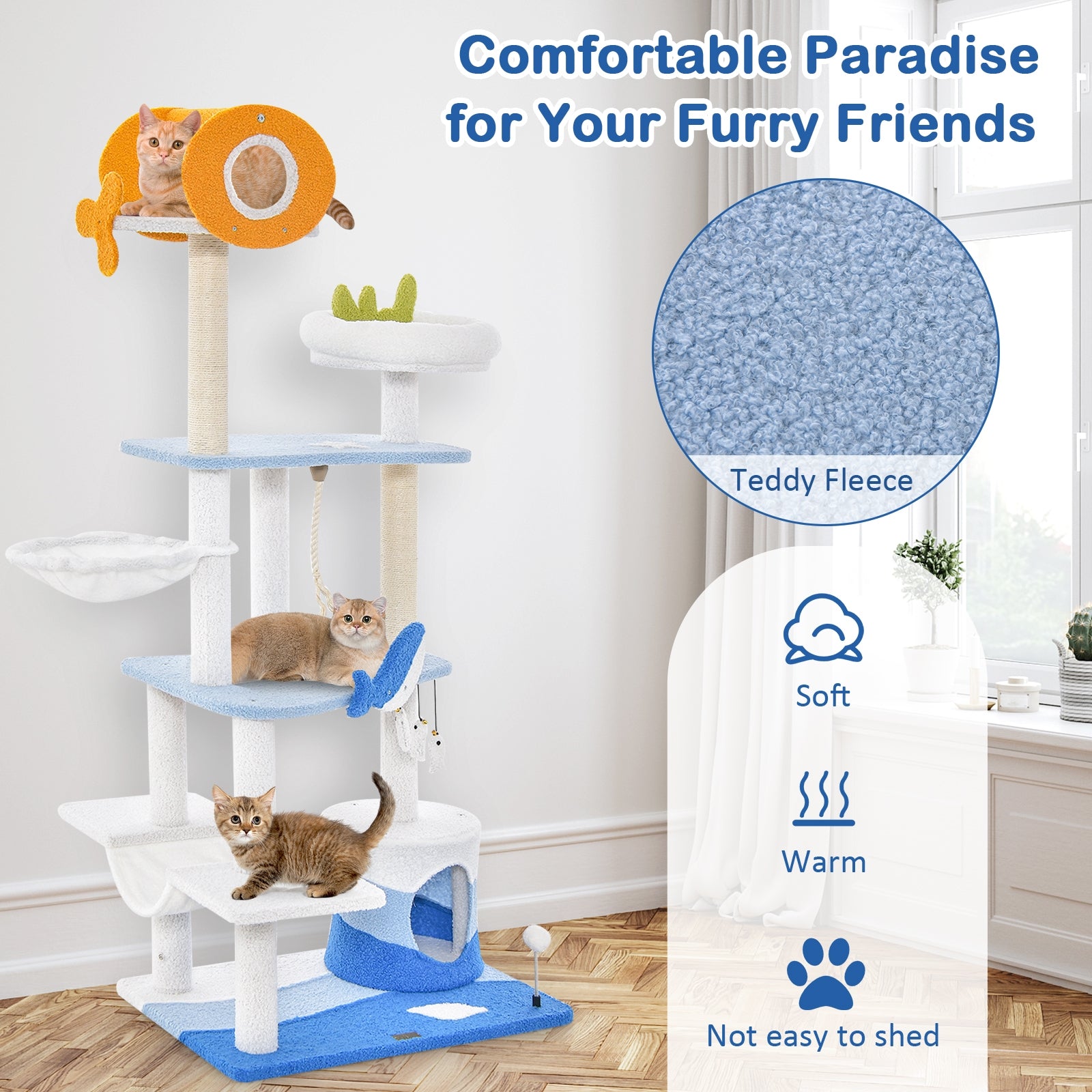 Multi-level Ocean-themed Cat Tree Tower with Sisal Covered Scratching Posts, Blue Cat Trees Condos & Scratchers at Gallery Canada