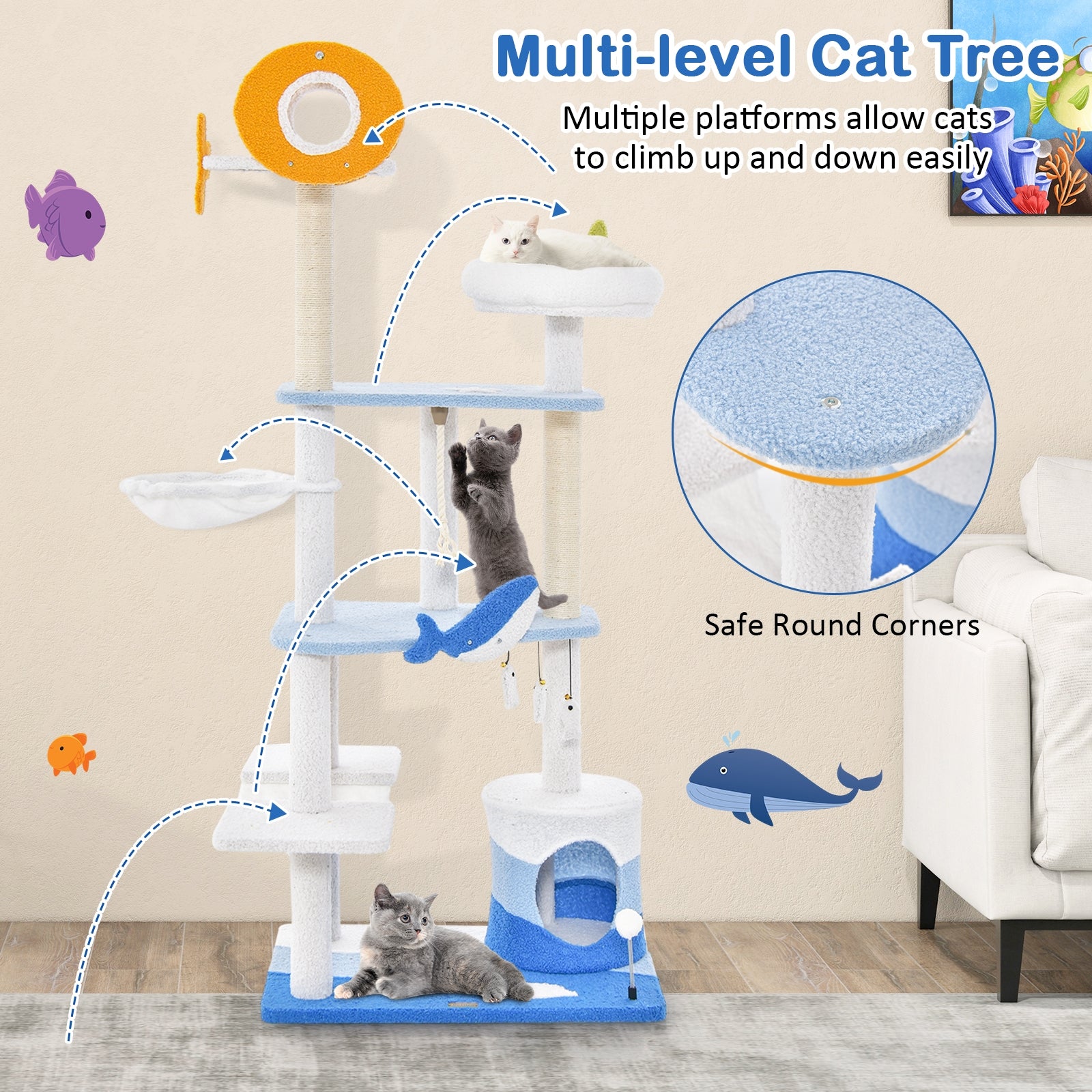 Multi-level Ocean-themed Cat Tree Tower with Sisal Covered Scratching Posts, Blue Cat Trees Condos & Scratchers at Gallery Canada