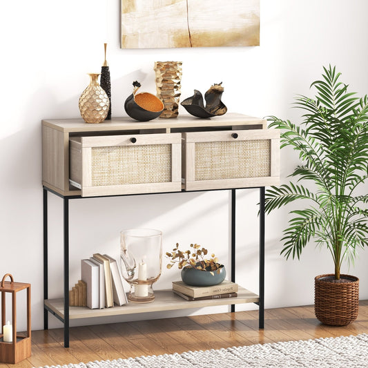 Rattan Console Table Boho Entryway Table with 2 Rattan Drawers and Open Storage Shelf, Oak - Gallery Canada