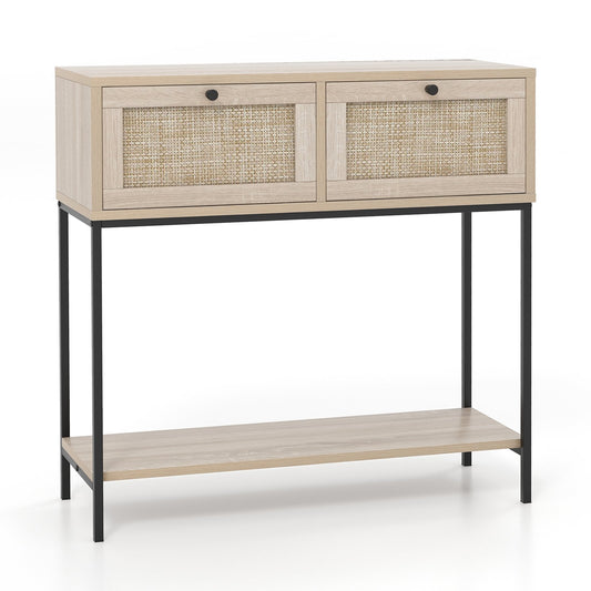 Rattan Console Table Boho Entryway Table with 2 Rattan Drawers and Open Storage Shelf, Oak - Gallery Canada
