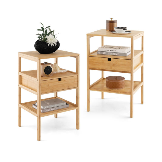 Nightstand Set of 2 Bamboo End Table with 2 Open Shelves and Drawer-Set of 2, Natural - Gallery Canada