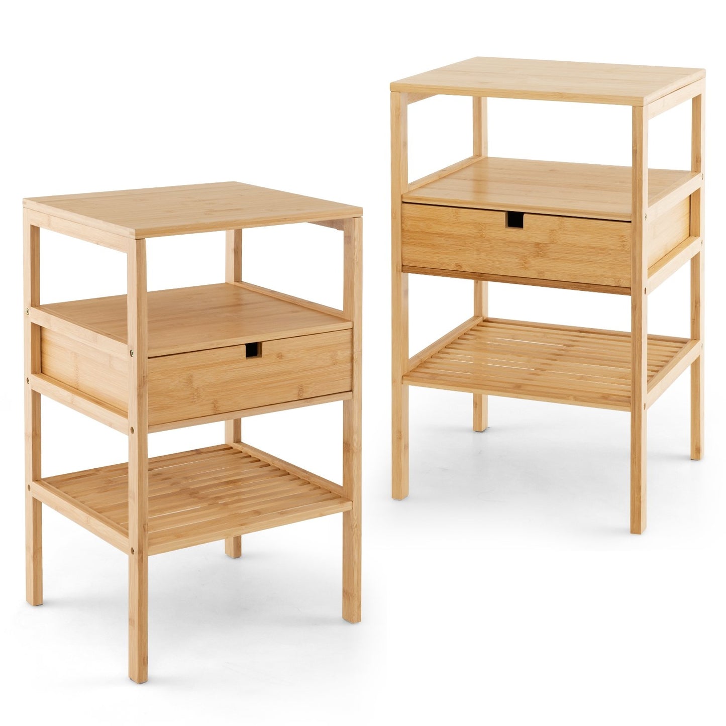 Nightstand Set of 2 Bamboo End Table with 2 Open Shelves and Drawer-Set of 2, Natural