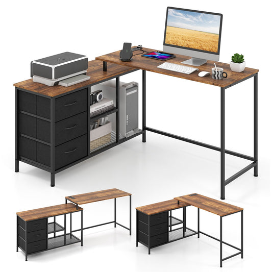 L-shaped Computer Desk with Power Outlet for Working Studying Gaming, Rustic Brown - Gallery Canada