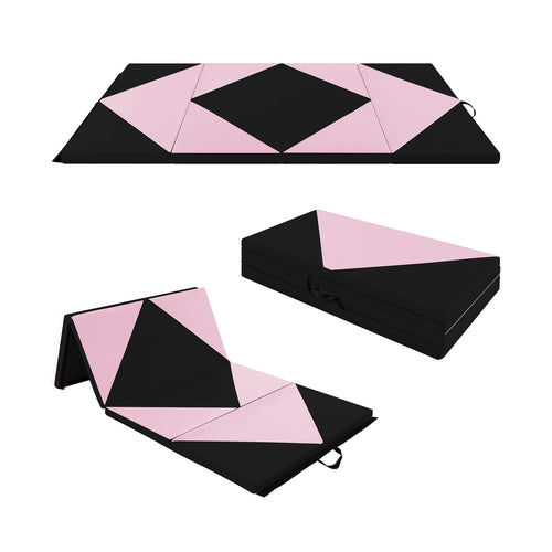 8 Feet PU Leather Folding Gymnastics Mat with Hook and Loop Fasteners, Black & Pink