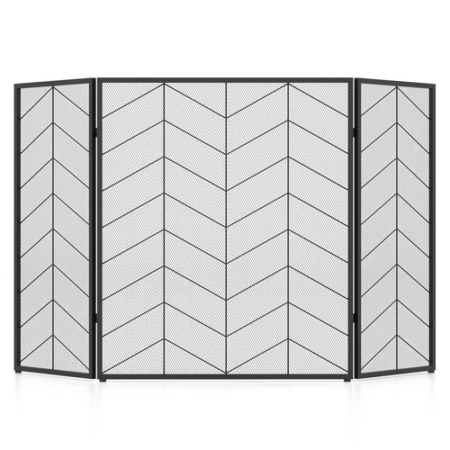 52 x 31 Inch Fireplace Screen with Chevron Herringbone Pattern, Black & Gray
