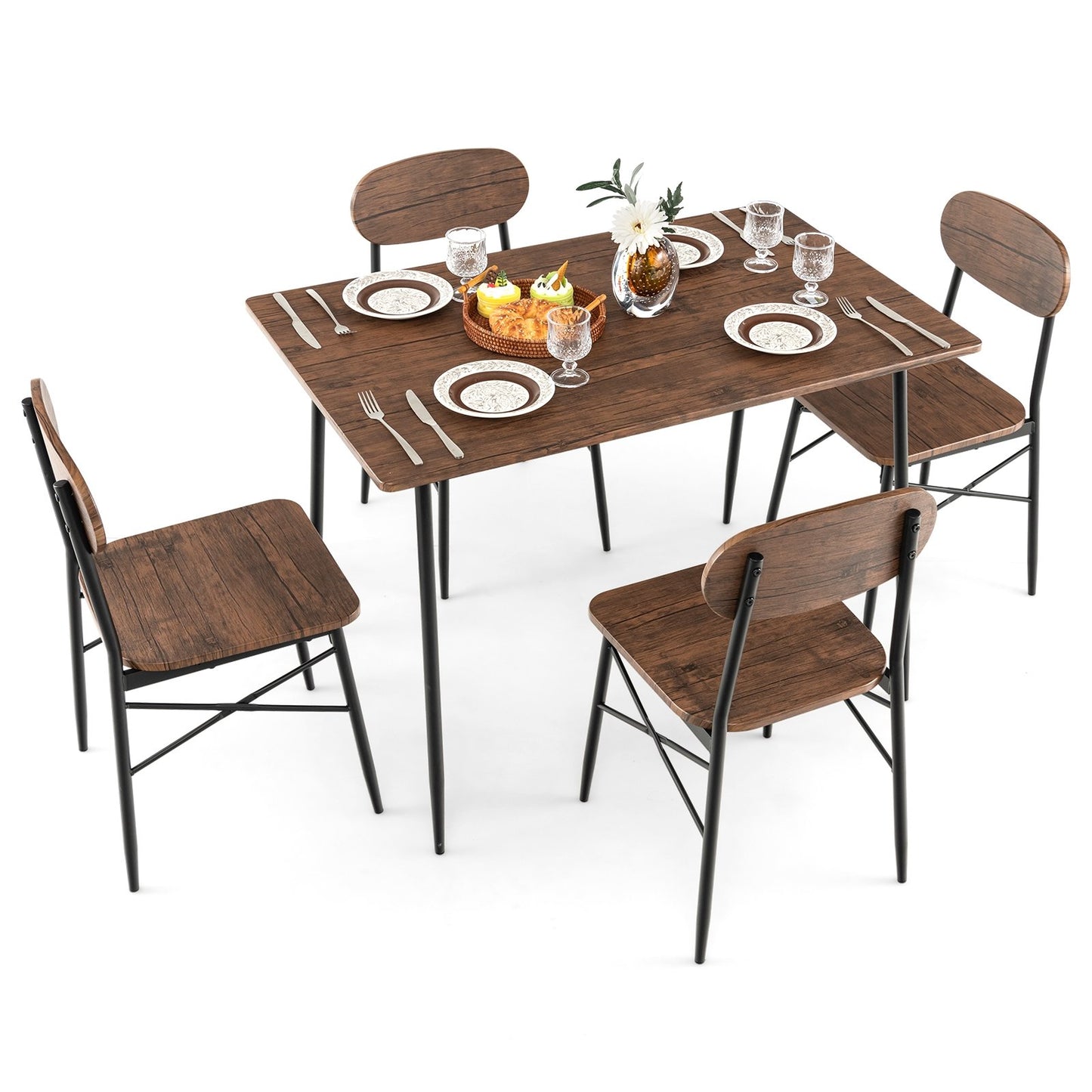 5 Piece Dining Table Set Rectangular with Backrest and Metal Legs for Breakfast Nook, Rustic Brown