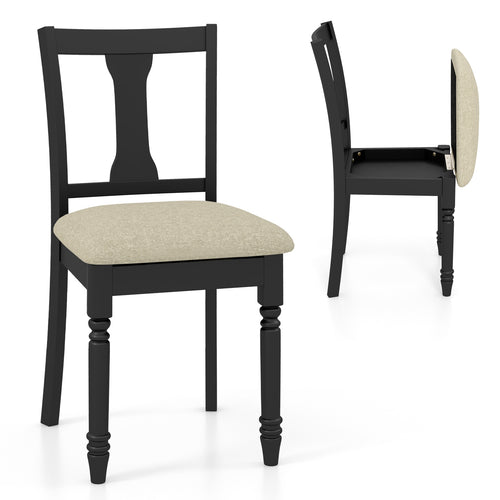 Set of 2 Kitchen Chairs, Linen Fabric, Storage, Black