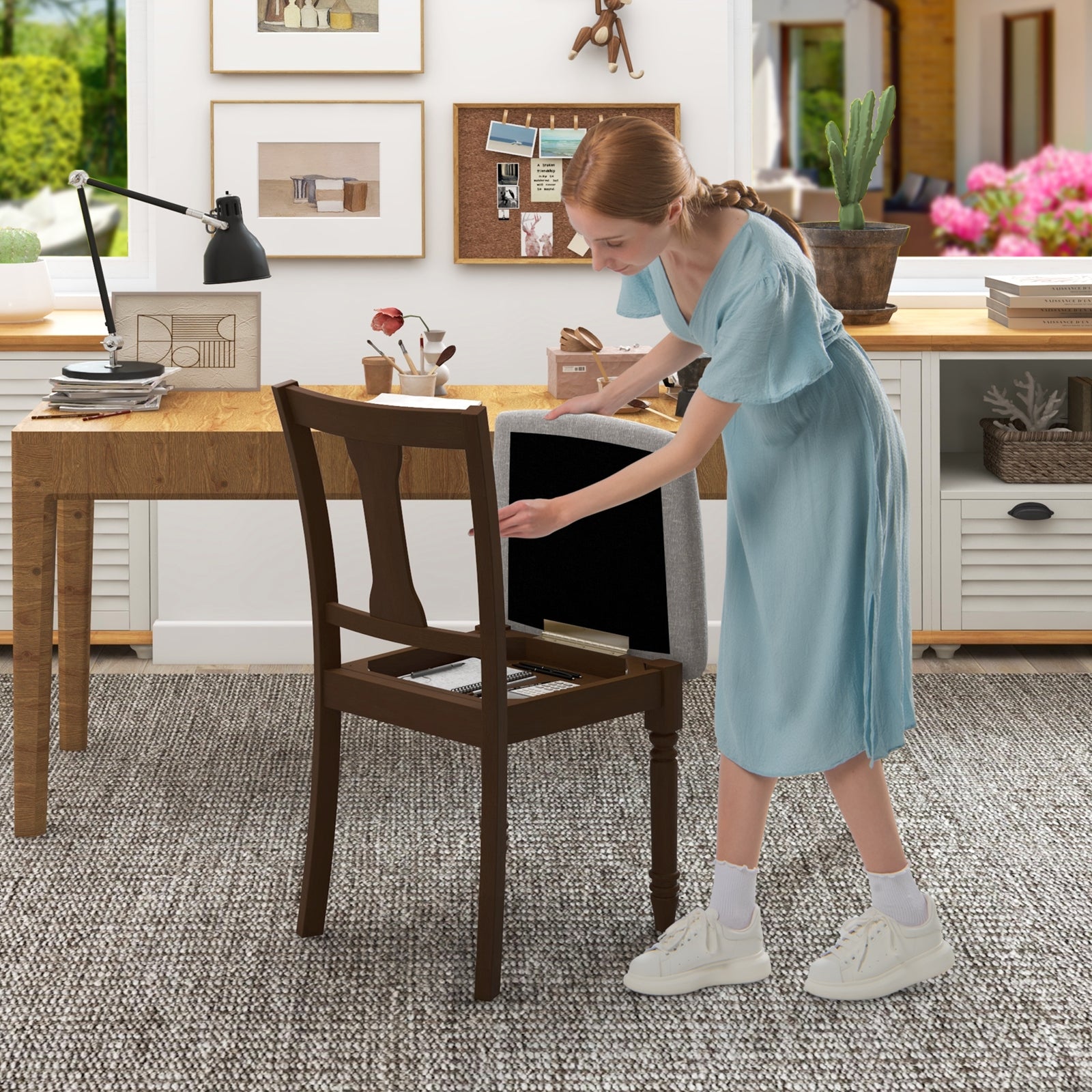 Set of 2 Kitchen Dining Chair with Linen Fabric and Storage Space, Brown Dining Chairs at Gallery Canada