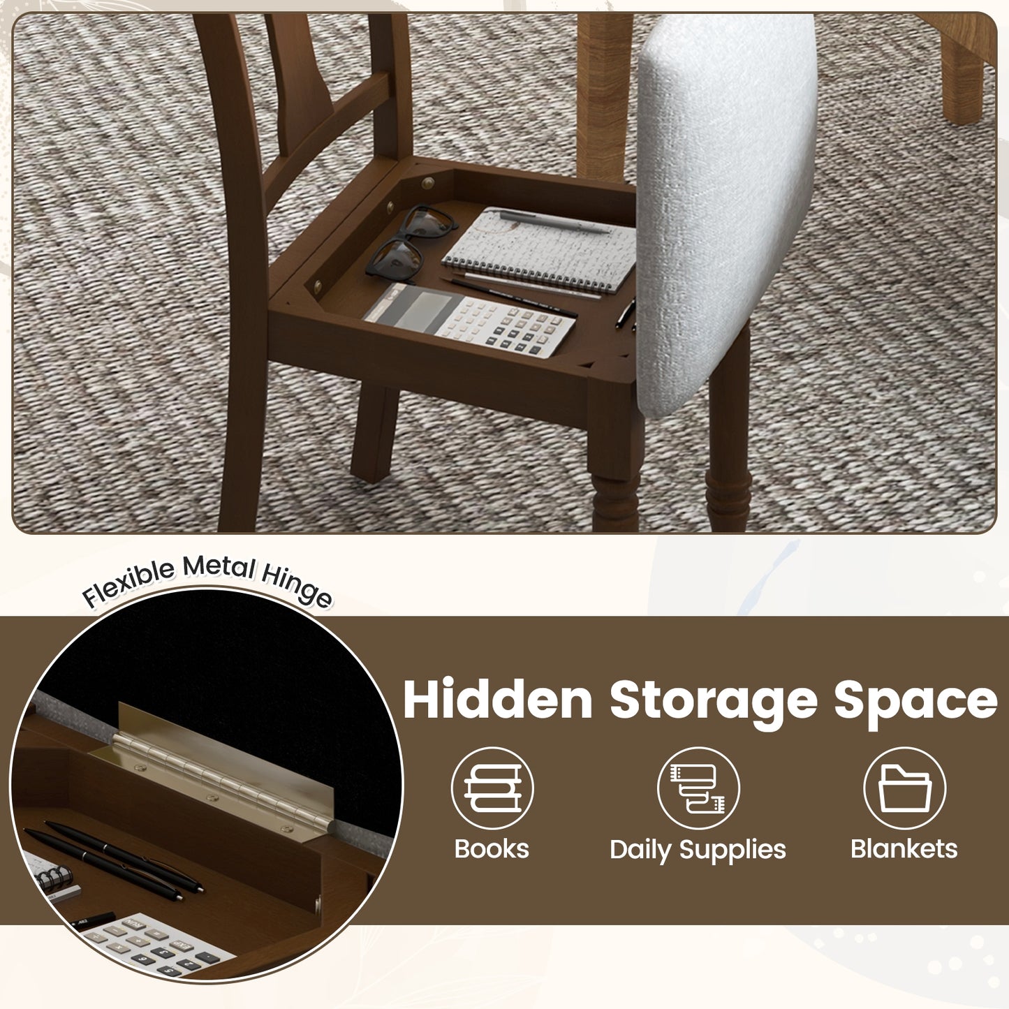 Set of 2 Kitchen Dining Chair with Linen Fabric and Storage Space, Brown Dining Chairs at Gallery Canada