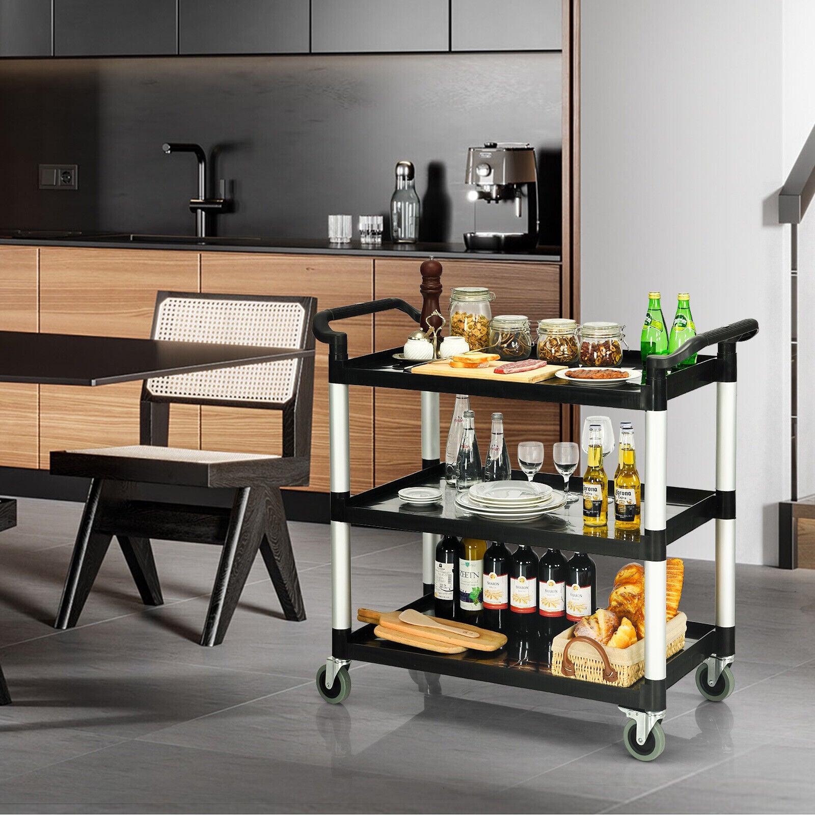 3-Tier Utility Service Cart with Lockable Wheels and Double Handles, Black Garages at Gallery Canada