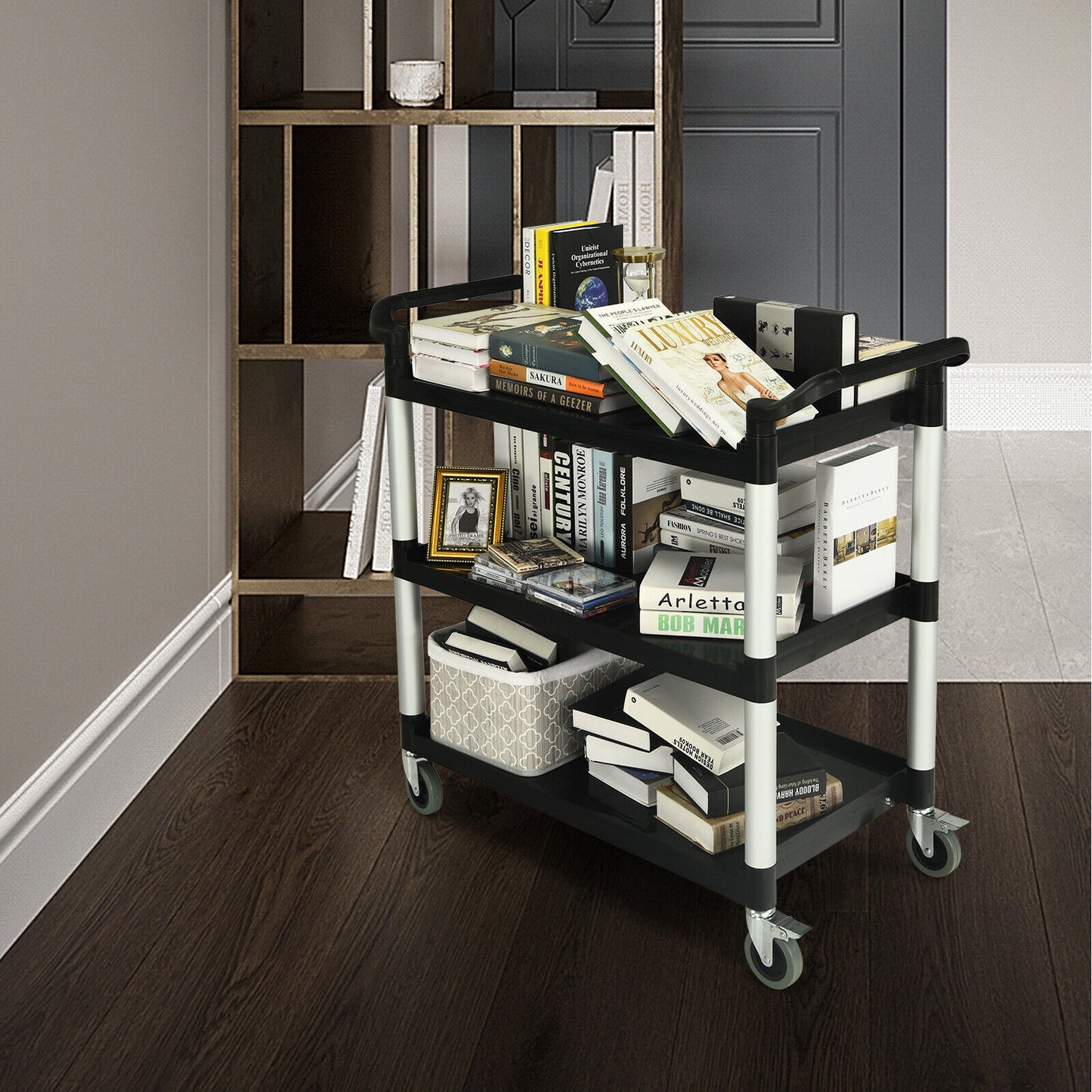 3-Tier Utility Service Cart with Lockable Wheels and Double Handles, Black Garages at Gallery Canada