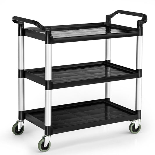 3-Tier Utility Service Cart, Lockable Wheels, Double Handles, Black