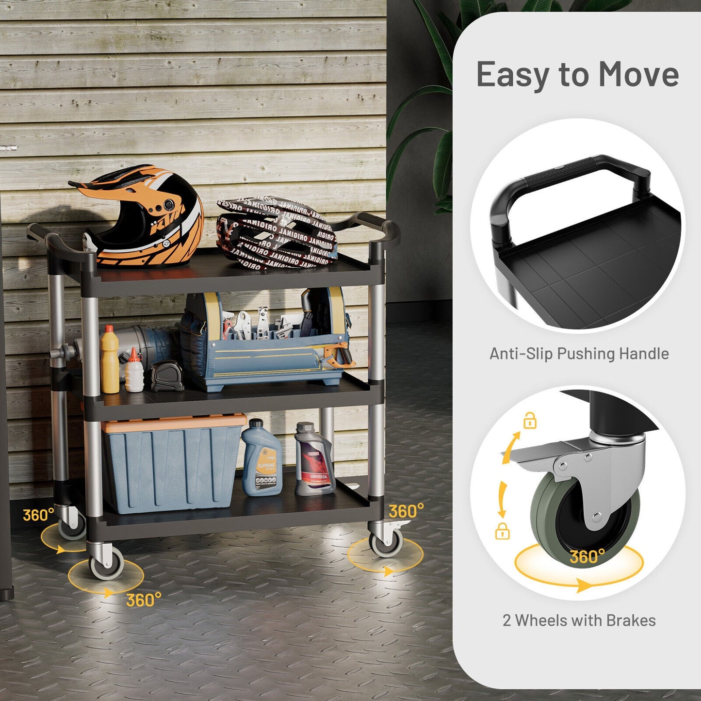 3-Tier Utility Service Cart with Lockable Wheels and Double Handles, Black Garages at Gallery Canada