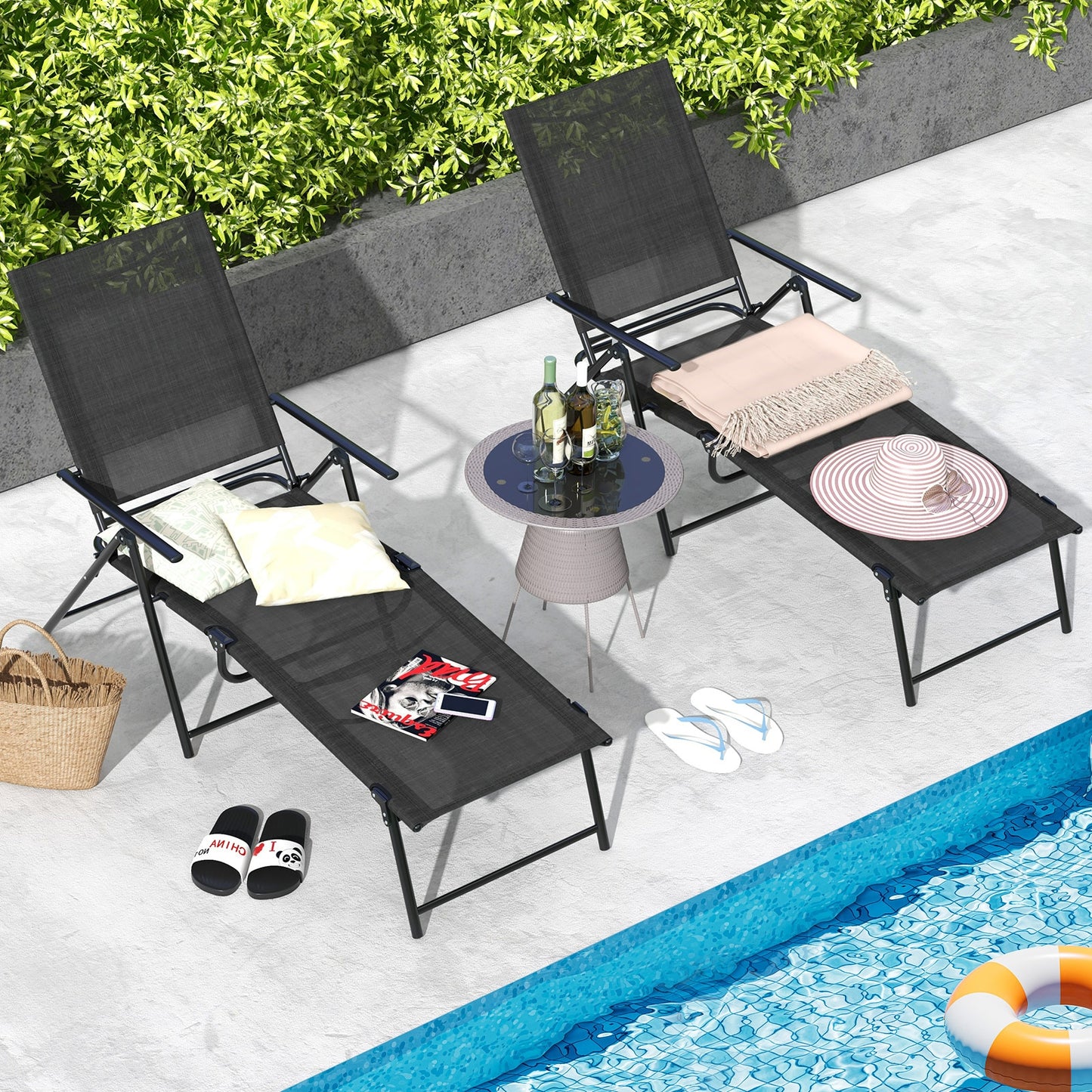2 Piece Patio Folding Chaise Lounge Chairs Recliner with 6-Level Backrest, Black Outdoor Chaise Lounges at Gallery Canada
