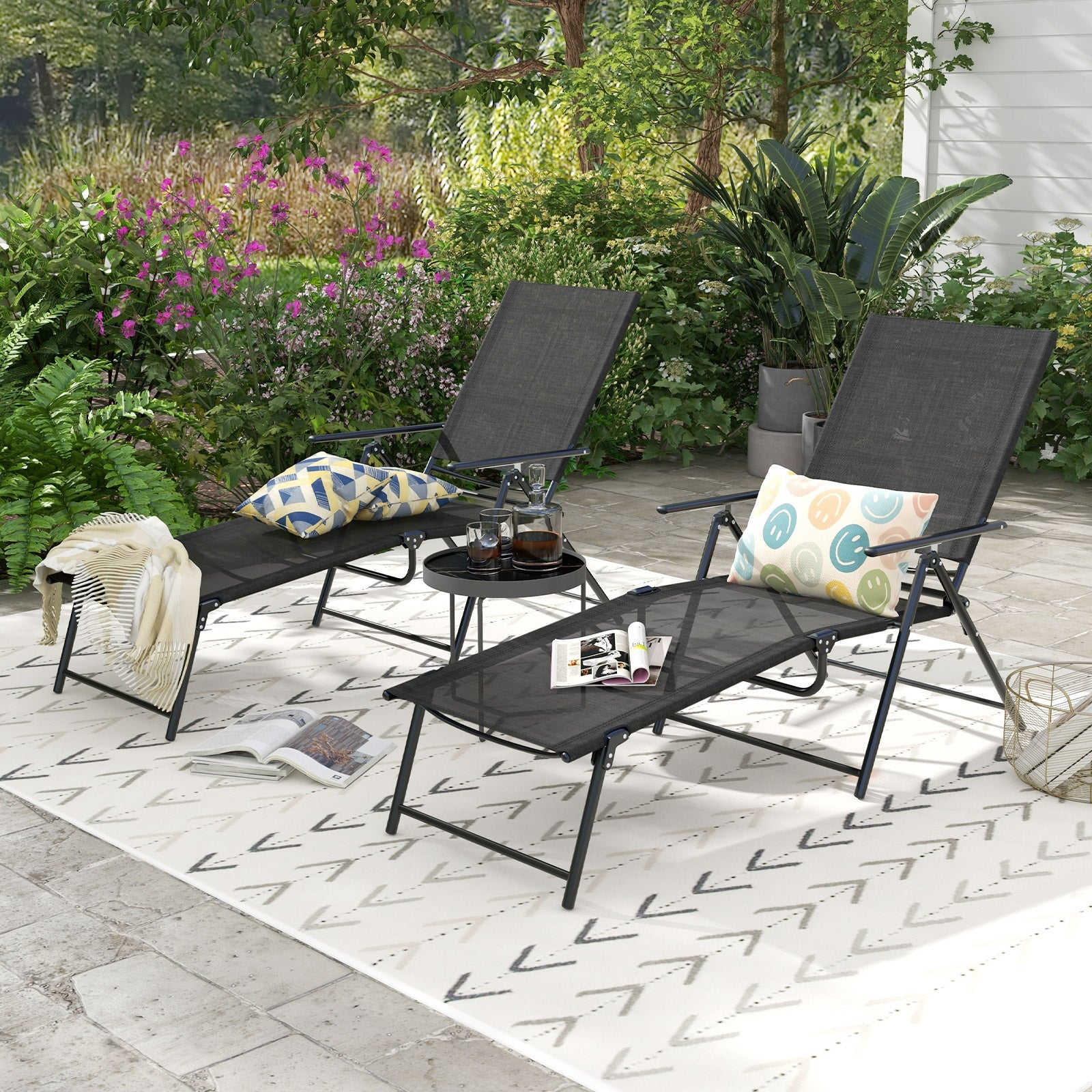 2 Piece Patio Folding Chaise Lounge Chairs Recliner with 6-Level Backrest, Black Outdoor Chaise Lounges at Gallery Canada