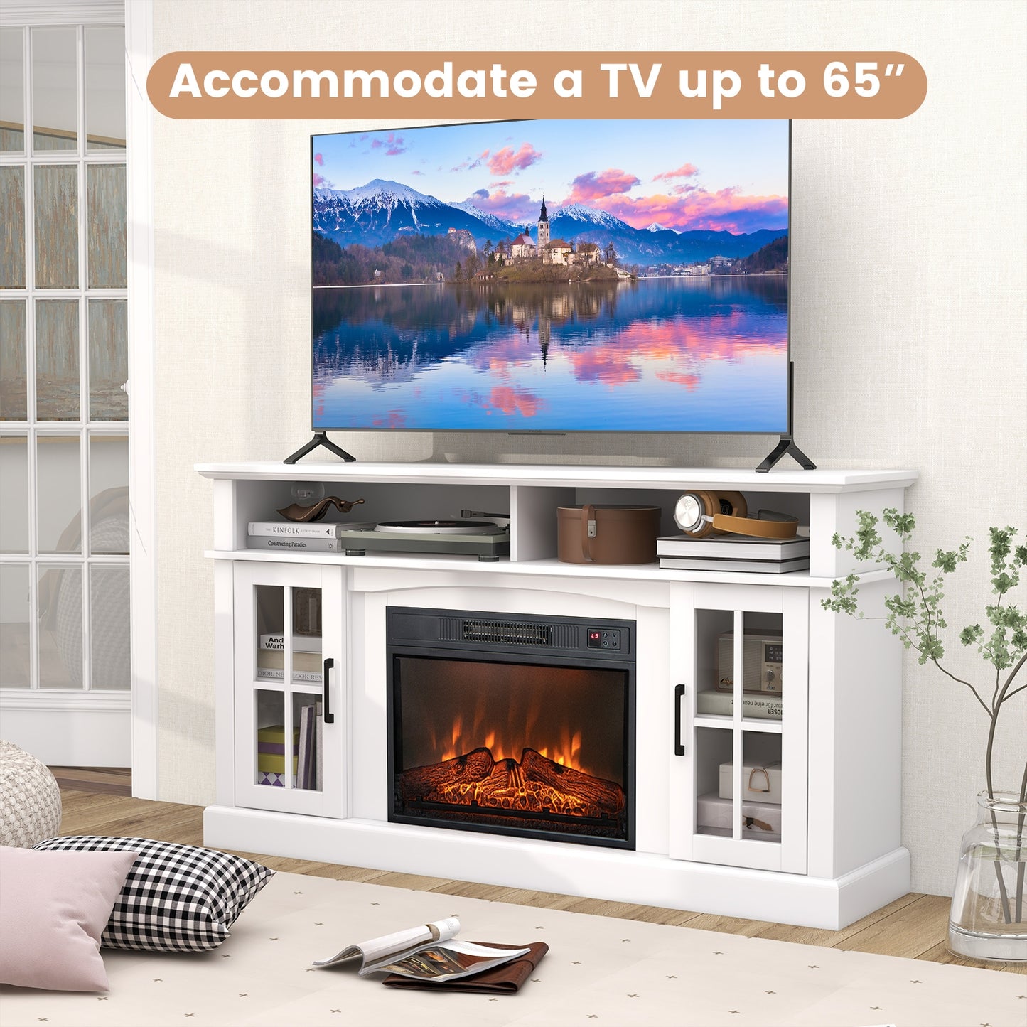 Fireplace TV Stand for TVs Up to 65 Inch with Side Cabinets and Remote Control, White Entertainment Centers & TV Stands at Gallery Canada