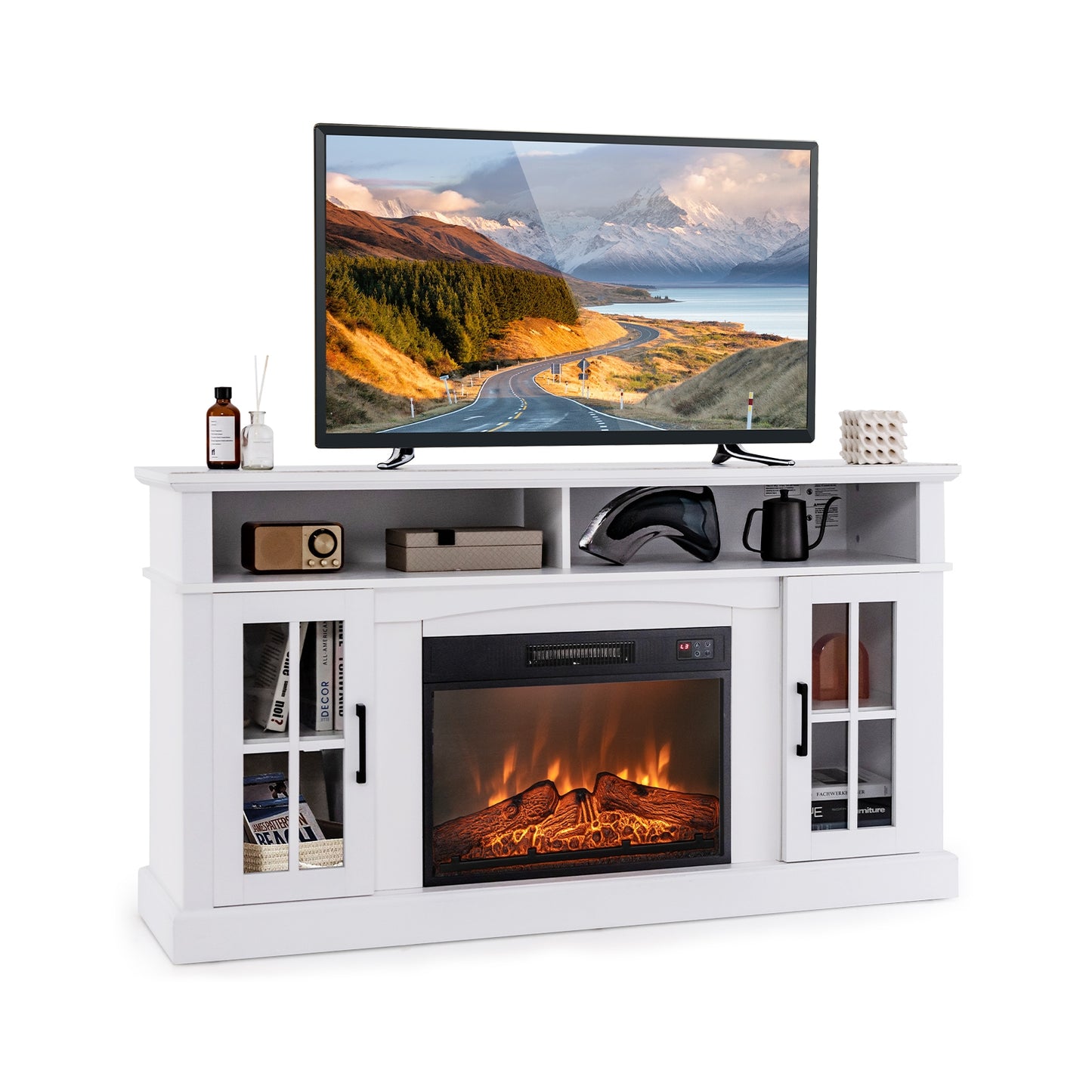 Fireplace TV Stand for TVs Up to 65 Inch with Side Cabinets and Remote Control, White Entertainment Centers & TV Stands at Gallery Canada