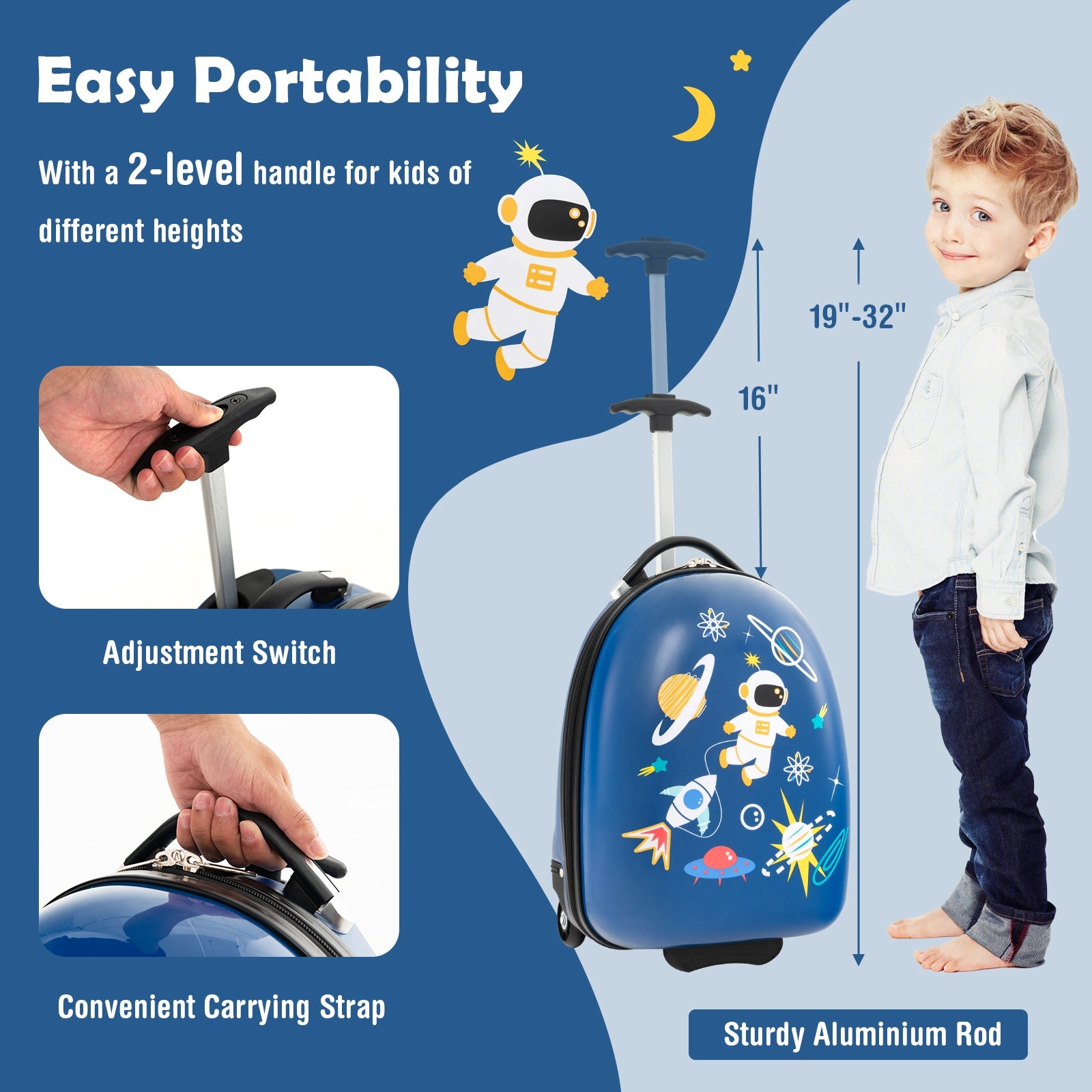 16 Inch Kids Carry-On Luggage Hard Shell Suitcase with Wheels, Blue Kids Luggage at Gallery Canada
