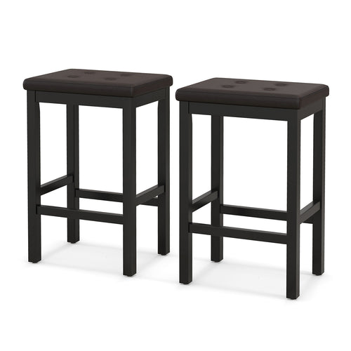 24 Inch Bar Stools with Padded Seat Footrest and Rubber Wood Frame, Brown