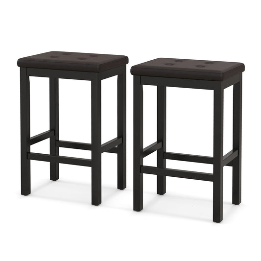 24 Inch Bar Stool, Padded Seat, Footrest, Rubber Wood Frame, Brown