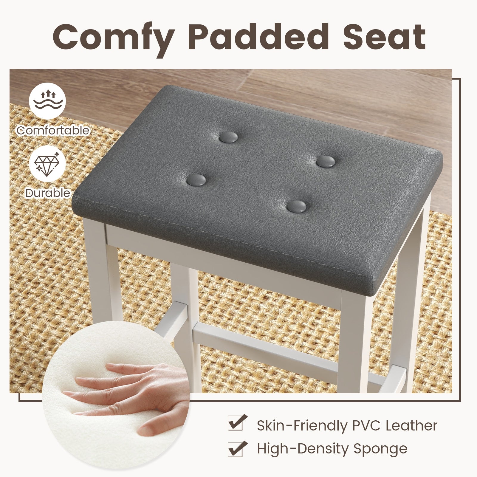 24 Inch Bar Stools with Padded Seat Footrest and Rubber Wood Frame, White Bar Stools at Gallery Canada