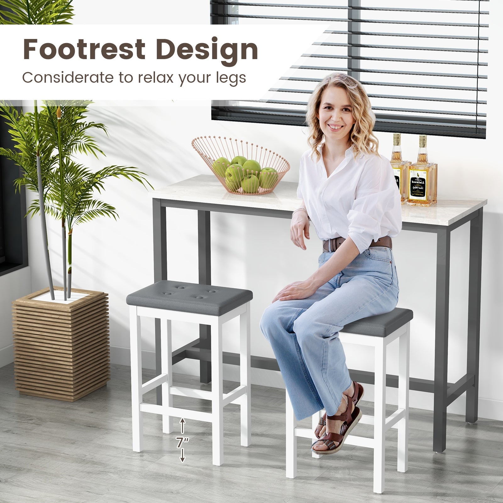 24 Inch Bar Stools with Padded Seat Footrest and Rubber Wood Frame, White Bar Stools at Gallery Canada