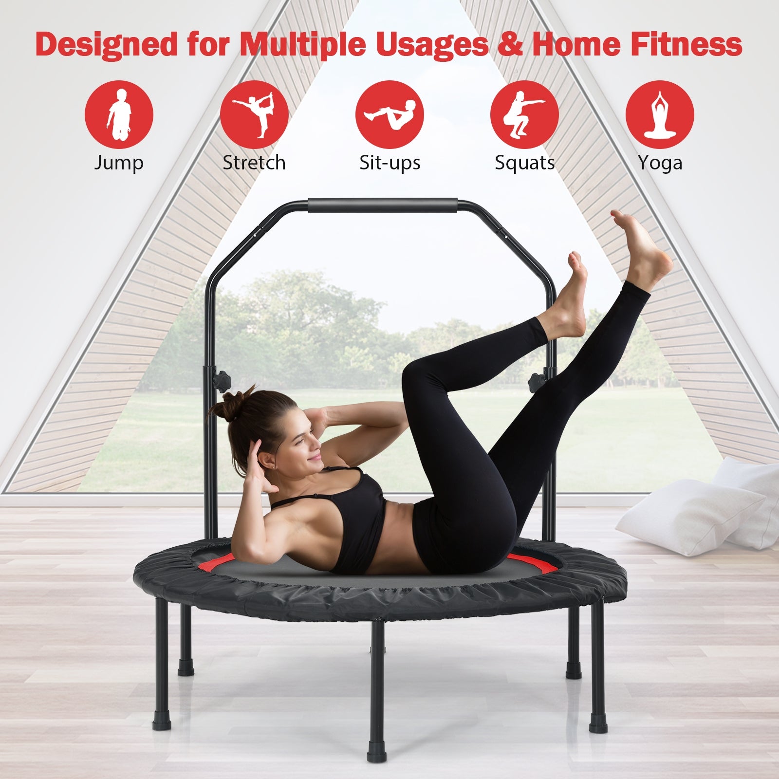 40 Inch Foldable Fitness Rebounder with Resistance Bands Adjustable Home, Red Trampolines at Gallery Canada