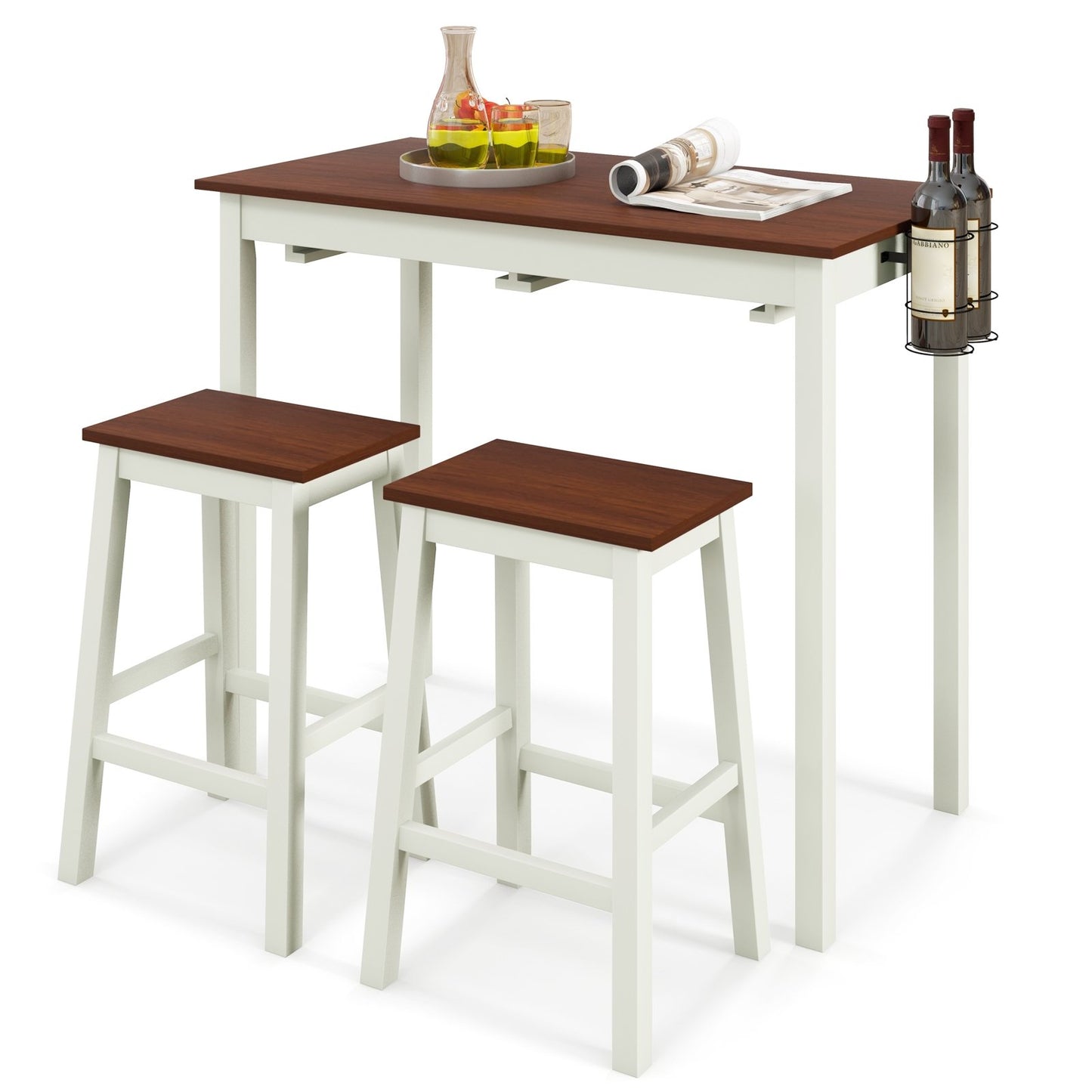 3-Piece Bar Table Set with 2 Wine Holders and Wooden Legs, White