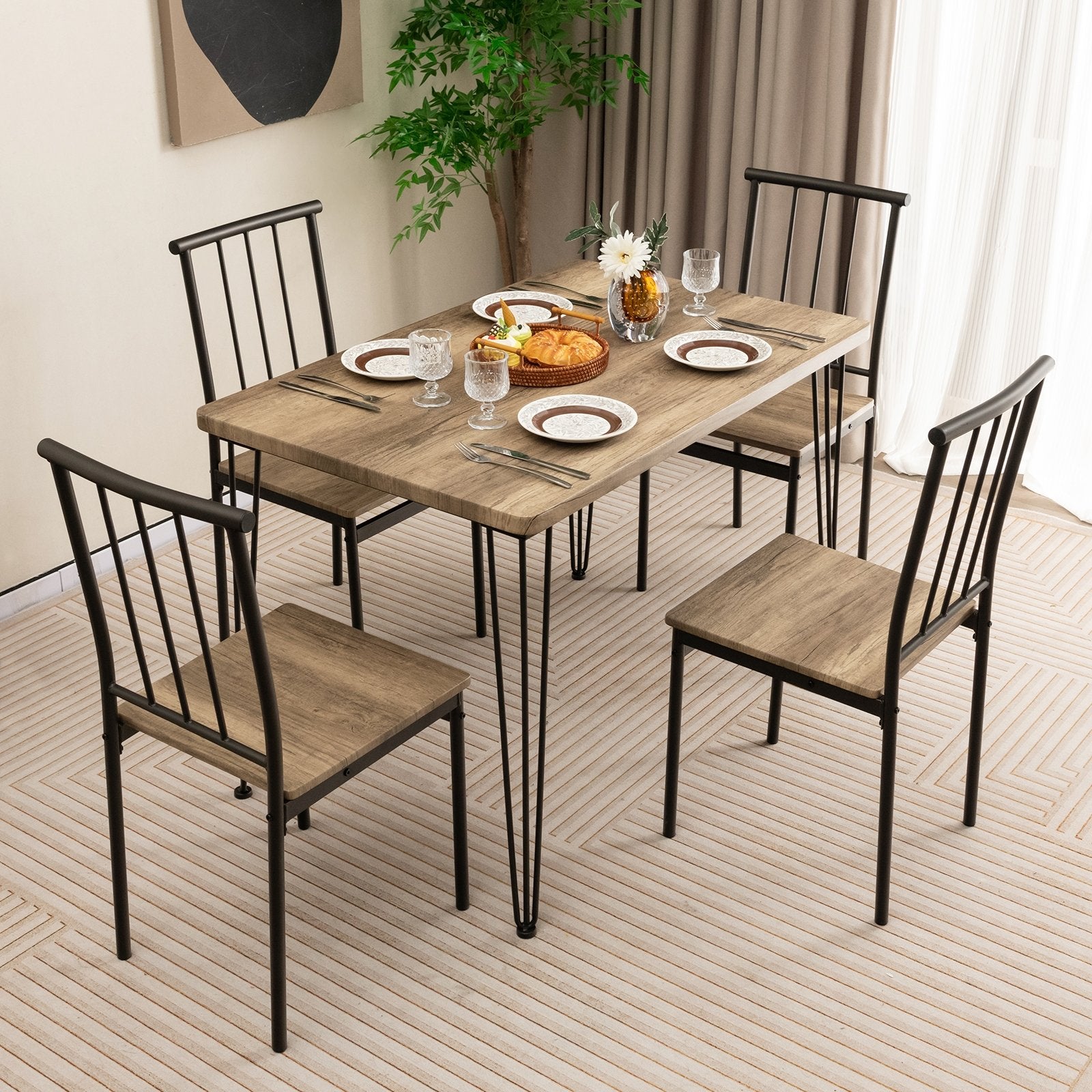 5 Pieces Dining Table Set for 4 with Metal Frame for Home Restaurant, Natural - Gallery Canada