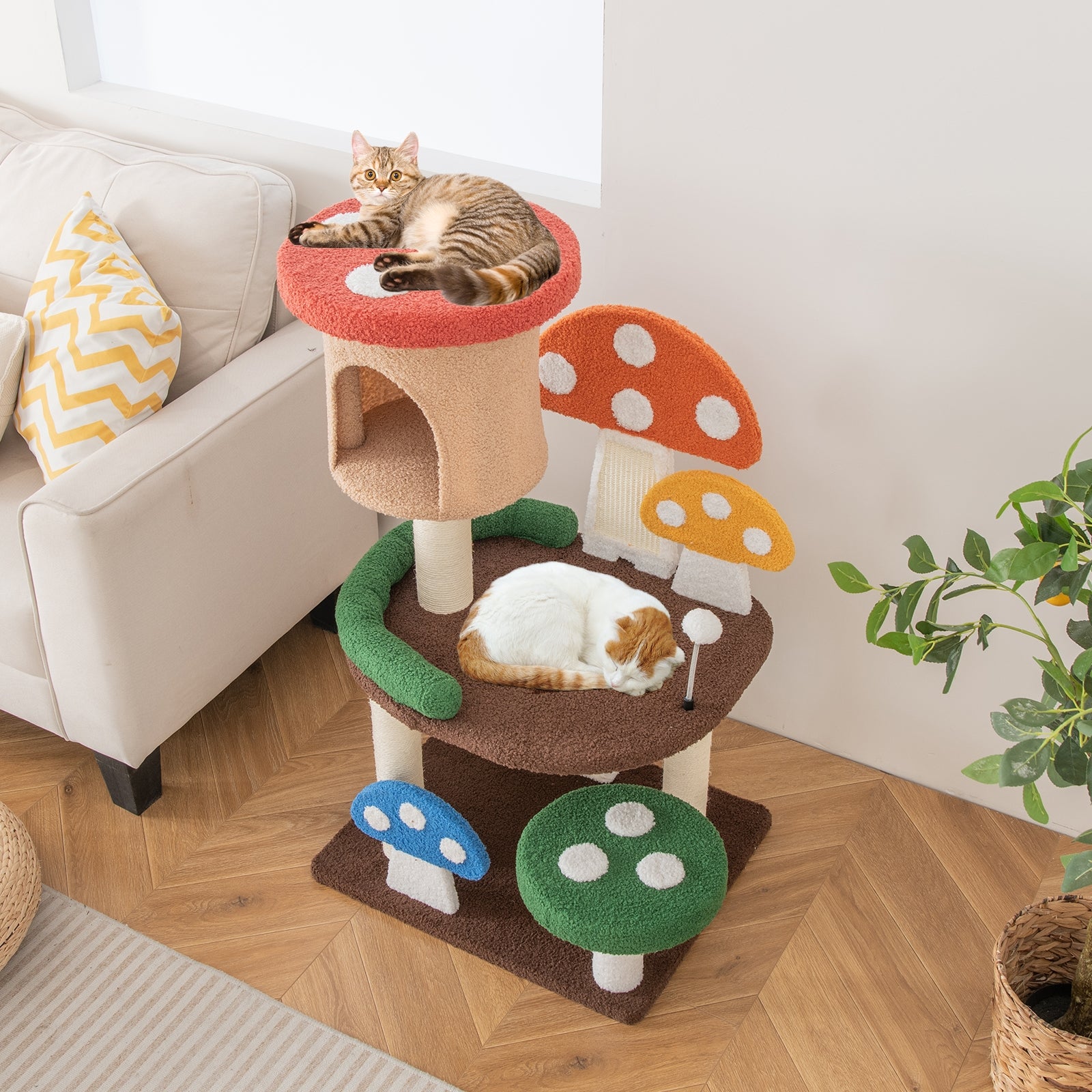 4-In-1 Mushroom Cat Tree with Condo Spring Ball and Sisal Posts, Multicolor Cat Trees Condos & Scratchers at Gallery Canada