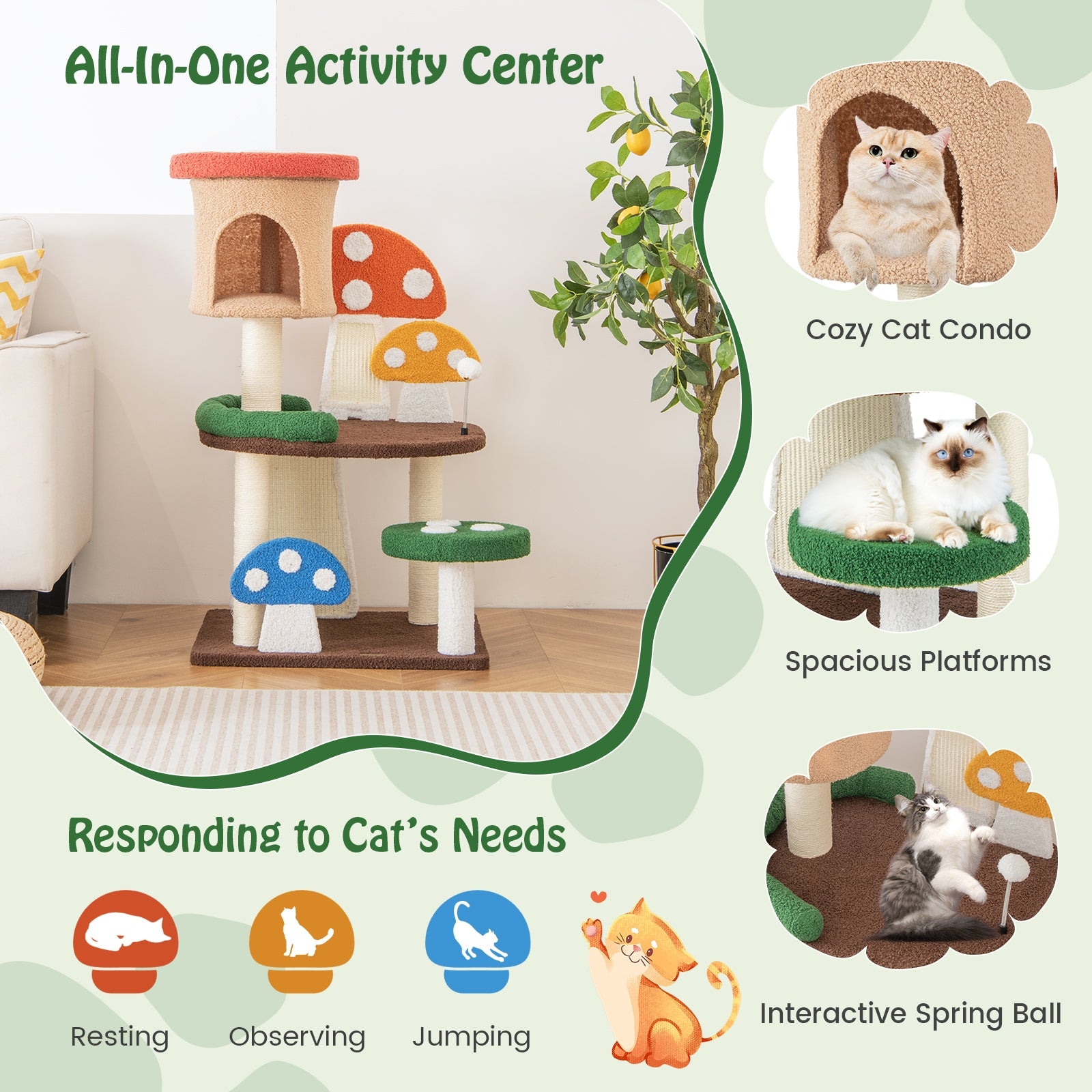 4-In-1 Mushroom Cat Tree with Condo Spring Ball and Sisal Posts, Multicolor Cat Trees Condos & Scratchers at Gallery Canada