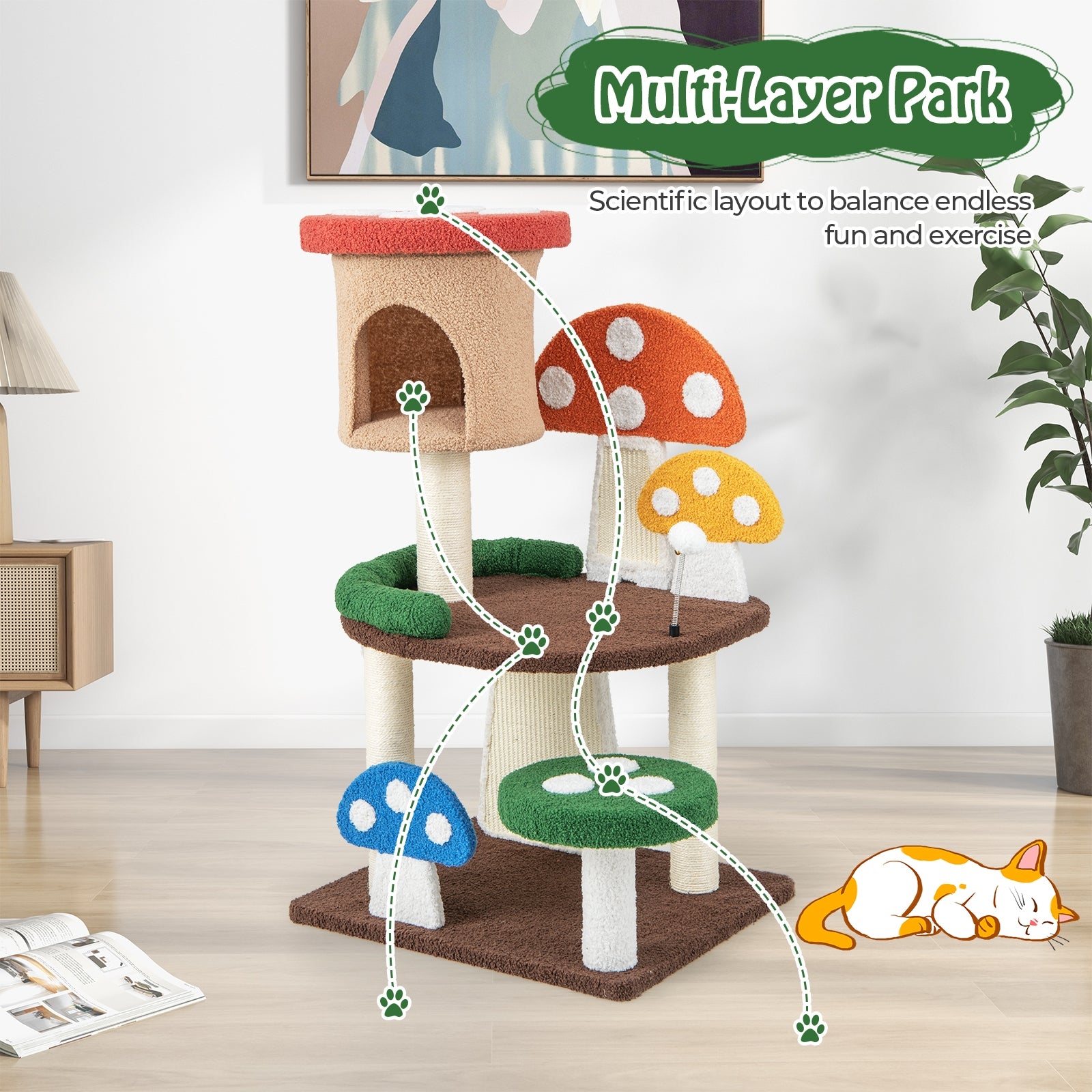 4-In-1 Mushroom Cat Tree with Condo Spring Ball and Sisal Posts, Multicolor Cat Trees Condos & Scratchers at Gallery Canada
