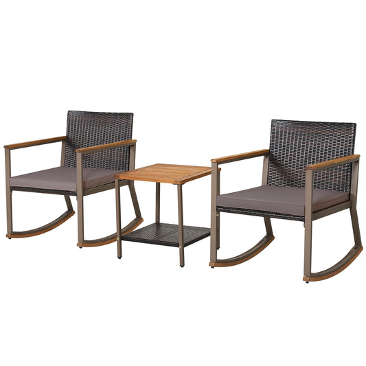 3-Piece Rattan Rocking Bistro Set, Coffee Table, Cushions, Gray