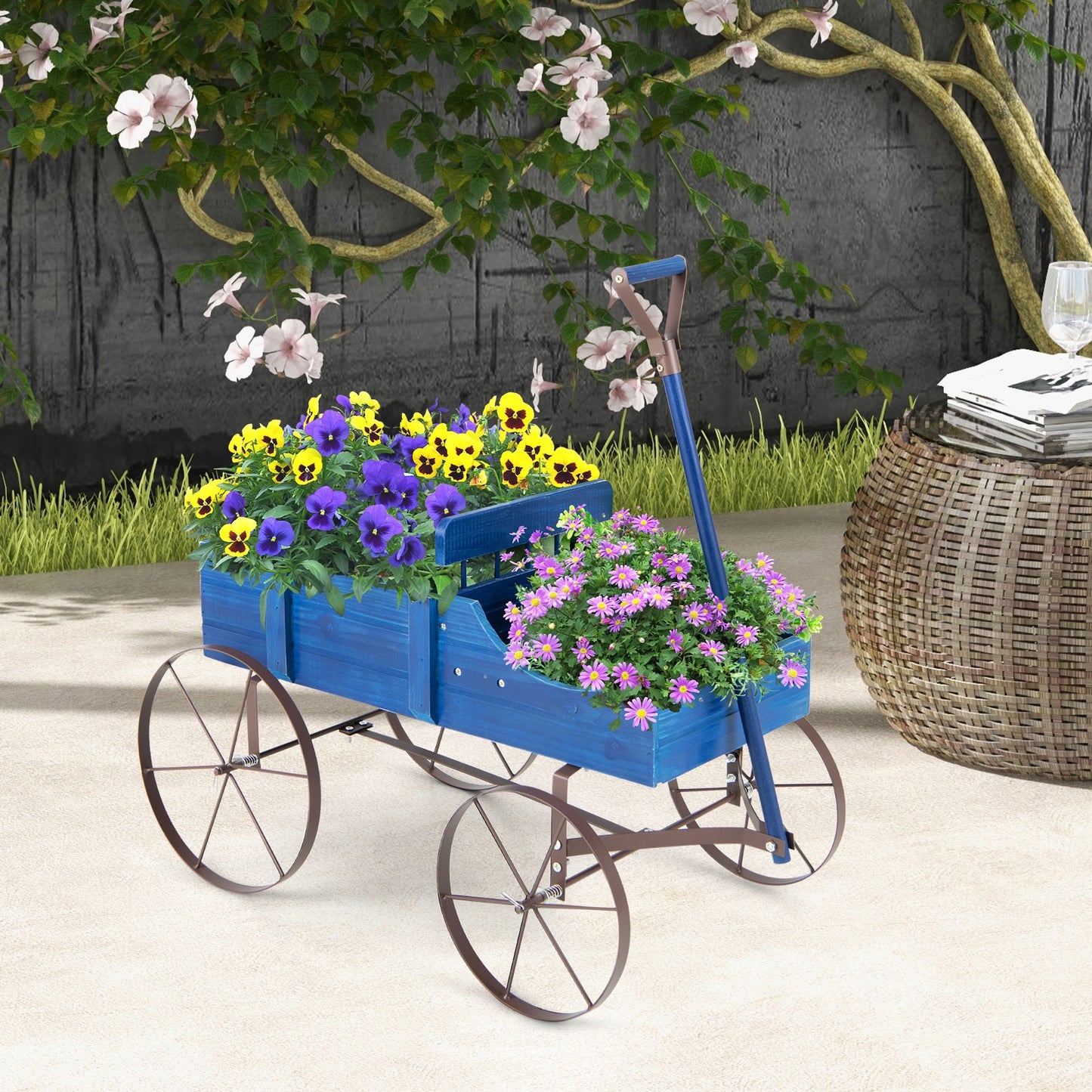Wooden Wagon Plant Bed with Metal Wheels for Garden Yard Patio, Blue Plant Stands at Gallery Canada
