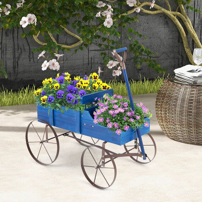 Wooden Wagon Plant Bed with Metal Wheels for Garden Yard Patio, Blue Plant Stands at Gallery Canada