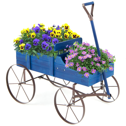 Wooden Wagon Plant Bed With Metal Wheels, Blue Plant Stands Blue at Gallery Canada