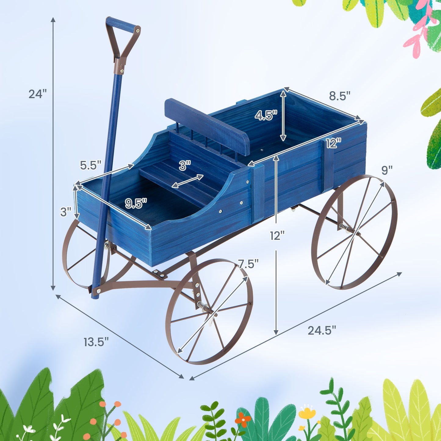 Wooden Wagon Plant Bed with Metal Wheels for Garden Yard Patio, Blue Plant Stands at Gallery Canada