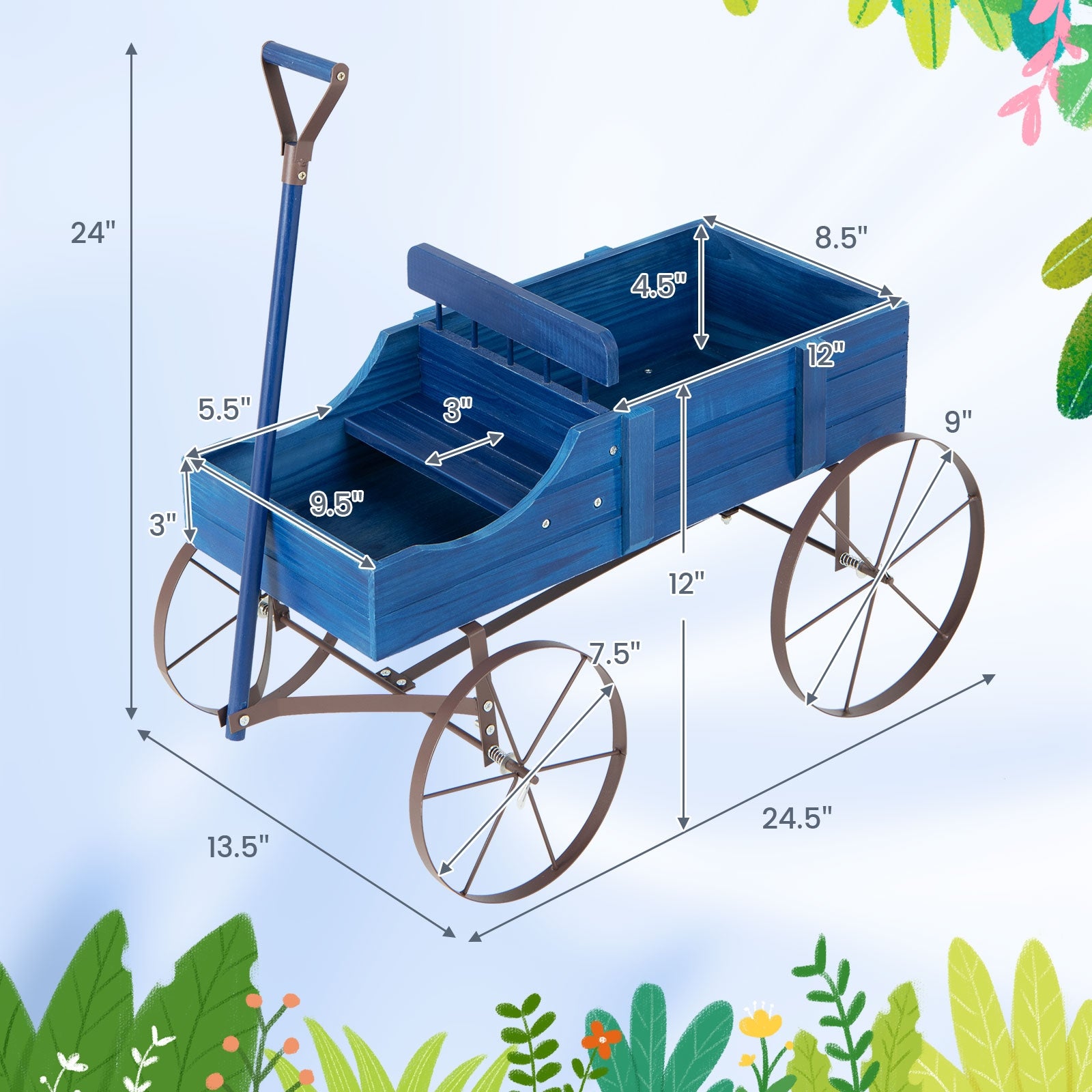 Wooden Wagon Plant Bed with Metal Wheels for Garden Yard Patio, Blue Plant Stands at Gallery Canada