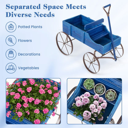 Wooden Wagon Plant Bed with Metal Wheels for Garden Yard Patio, Blue