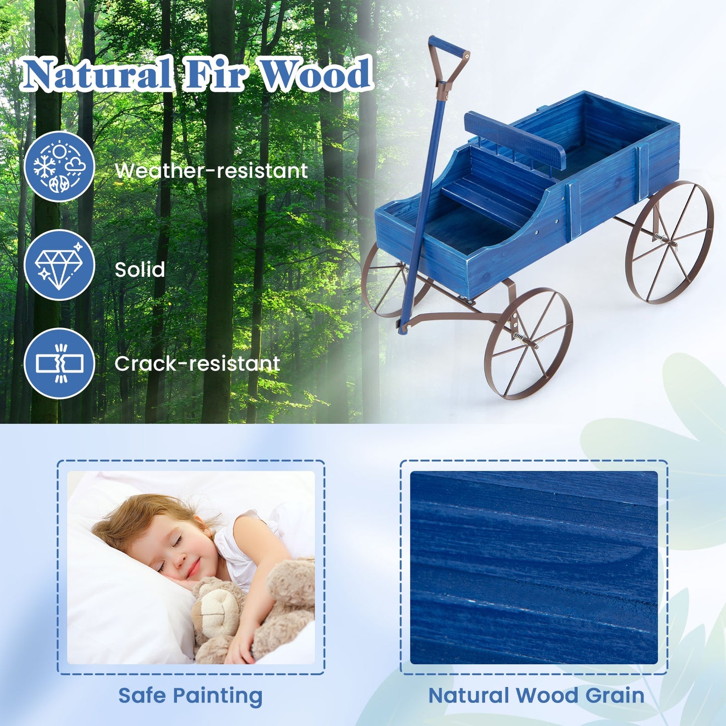 Wooden Wagon Plant Bed with Metal Wheels for Garden Yard Patio, Blue Plant Stands at Gallery Canada