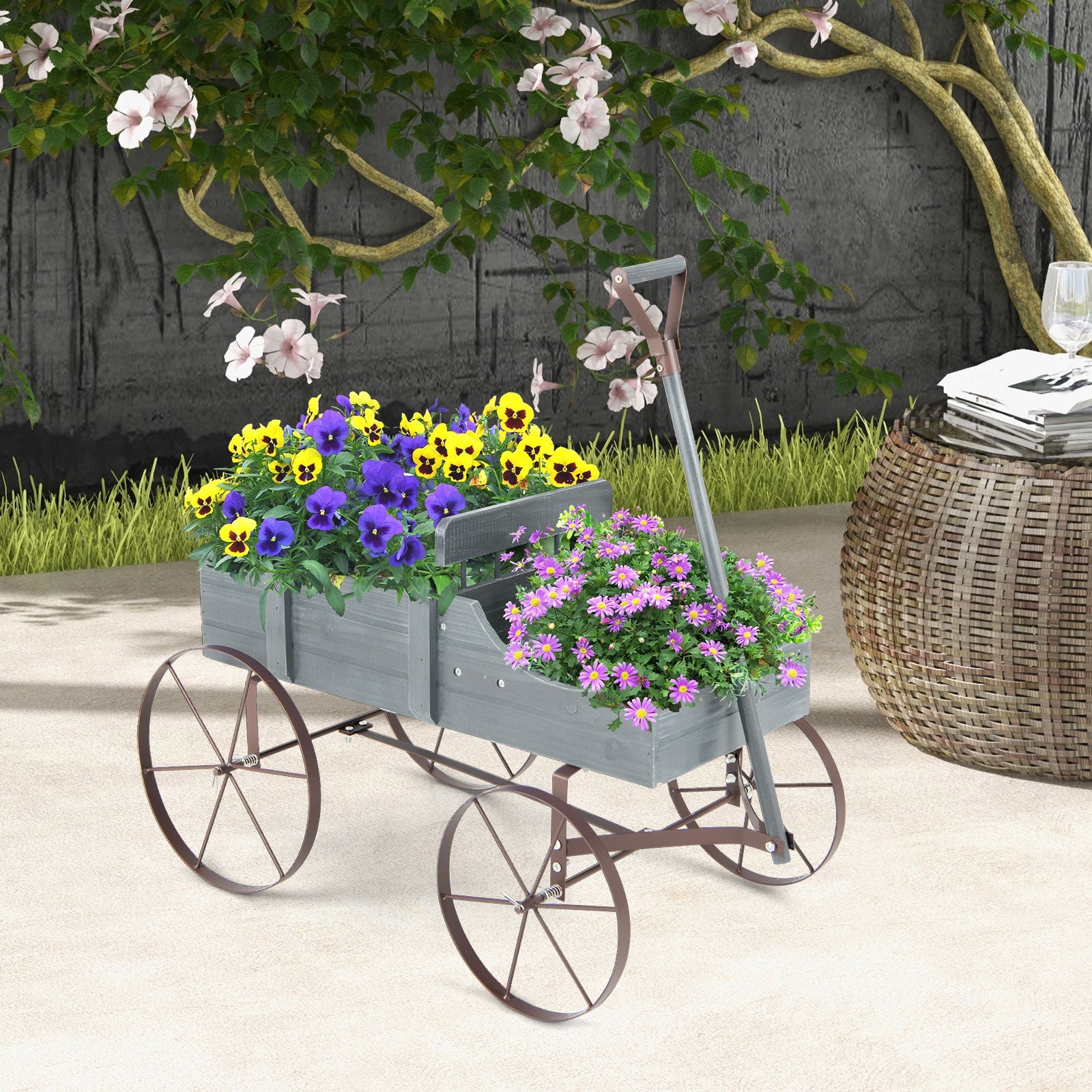 Wooden Wagon Plant Bed with Metal Wheels for Garden Yard Patio, Gray Plant Stands at Gallery Canada