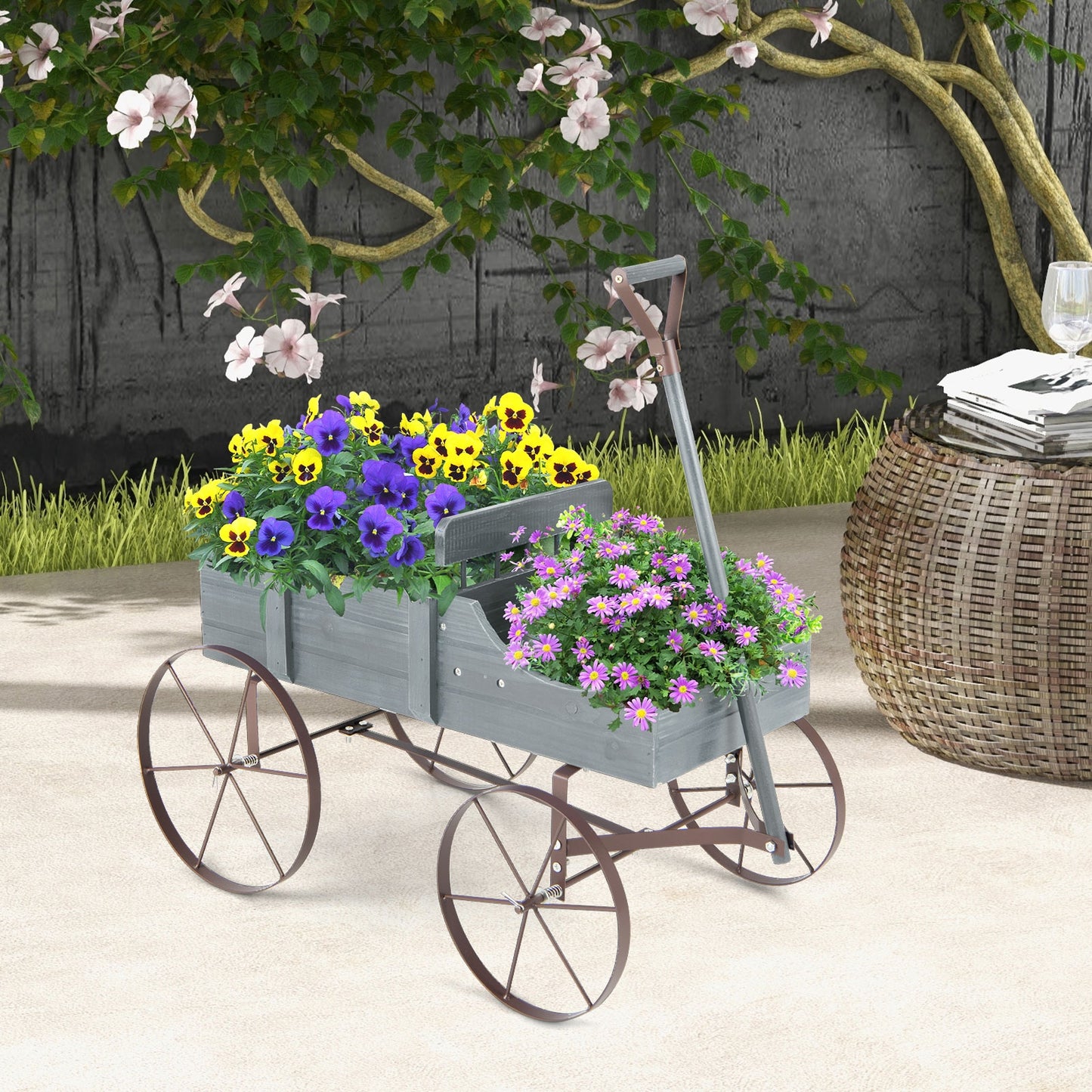 Wooden Wagon Plant Bed with Metal Wheels for Garden Yard Patio, Gray Plant Stands at Gallery Canada
