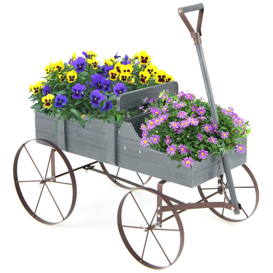 Wooden Wagon Plant Bed with Metal Wheels for Garden Yard Patio, Gray - Gallery Canada