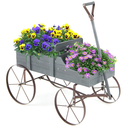 Wooden Wagon Plant Bed With Metal Wheels, Gray Plant Stands Gray at Gallery Canada