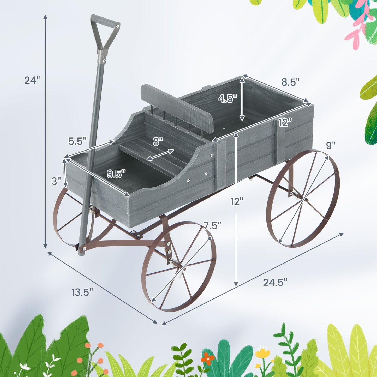 Wooden Wagon Plant Bed with Metal Wheels for Garden Yard Patio, Gray