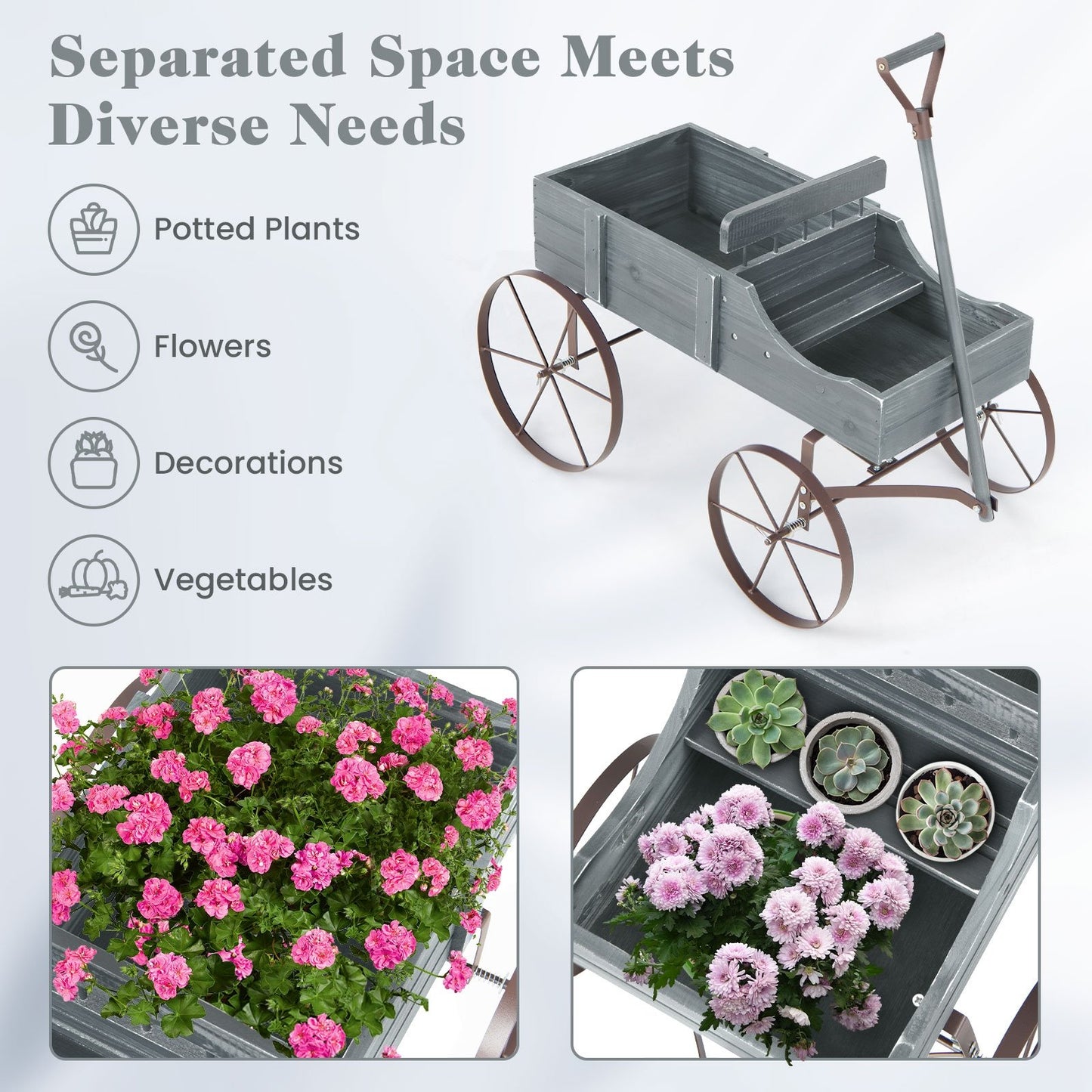 Wooden Wagon Plant Bed with Metal Wheels for Garden Yard Patio, Gray