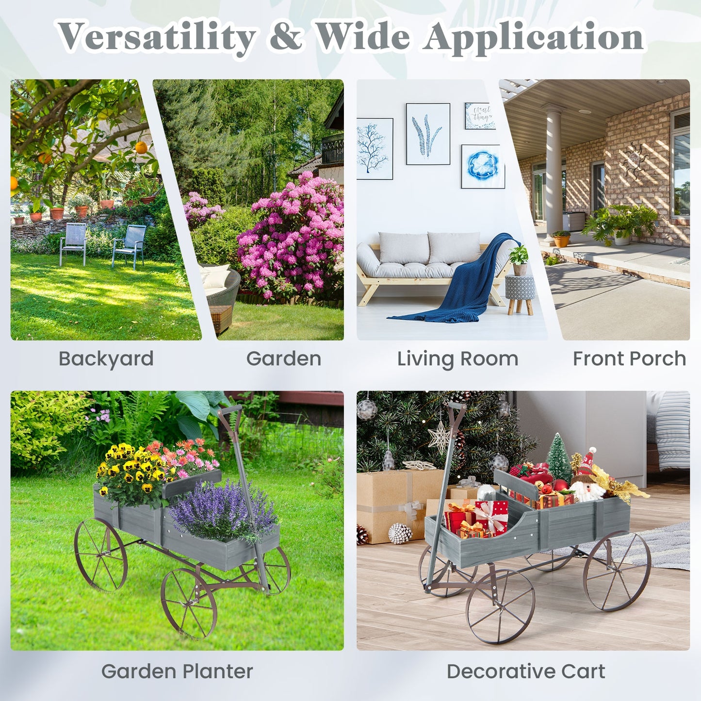 Wooden Wagon Plant Bed with Metal Wheels for Garden Yard Patio, Gray Plant Stands at Gallery Canada